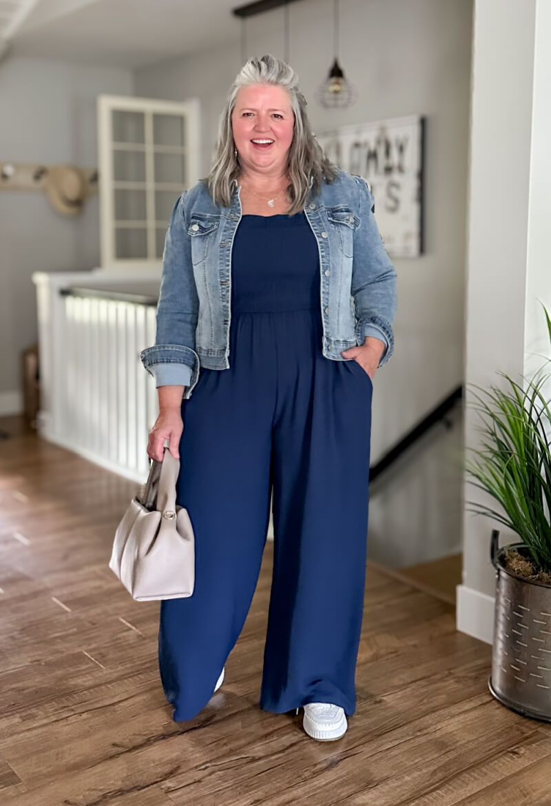 Style this affordable plus-size jumpsuit 5 ways. #plussizeover50 #plussize #plussizeoutfitideas #plussizejumpsuit #plussizeholidayoutfits #plussizeweddingguest #plussizemotherofthebride #plussizemotherofthegroom #over50weddingguest #over50outfitideas