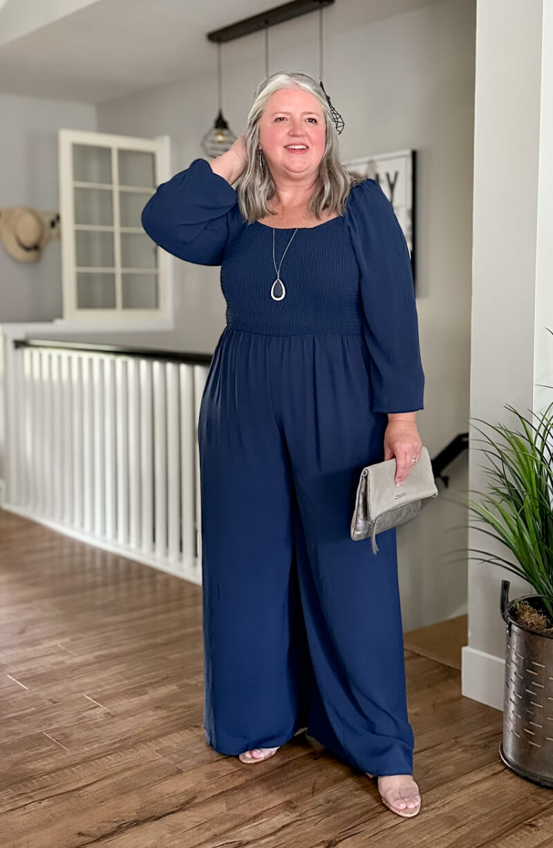 Style this affordable plus-size jumpsuit 5 ways. #plussizeover50 #plussize #plussizeoutfitideas #plussizejumpsuit #plussizeholidayoutfits #plussizeweddingguest #plussizemotherofthebride #plussizemotherofthegroom #over50weddingguest #over50outfitideas