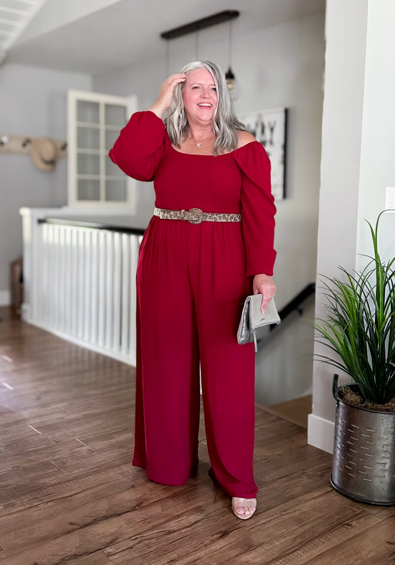 Style this affordable plus-size jumpsuit 5 ways. #plussizeover50 #plussize #plussizeoutfitideas #plussizejumpsuit #plussizeholidayoutfits #plussizeweddingguest #plussizemotherofthebride #plussizemotherofthegroom #over50weddingguest #over50outfitideas