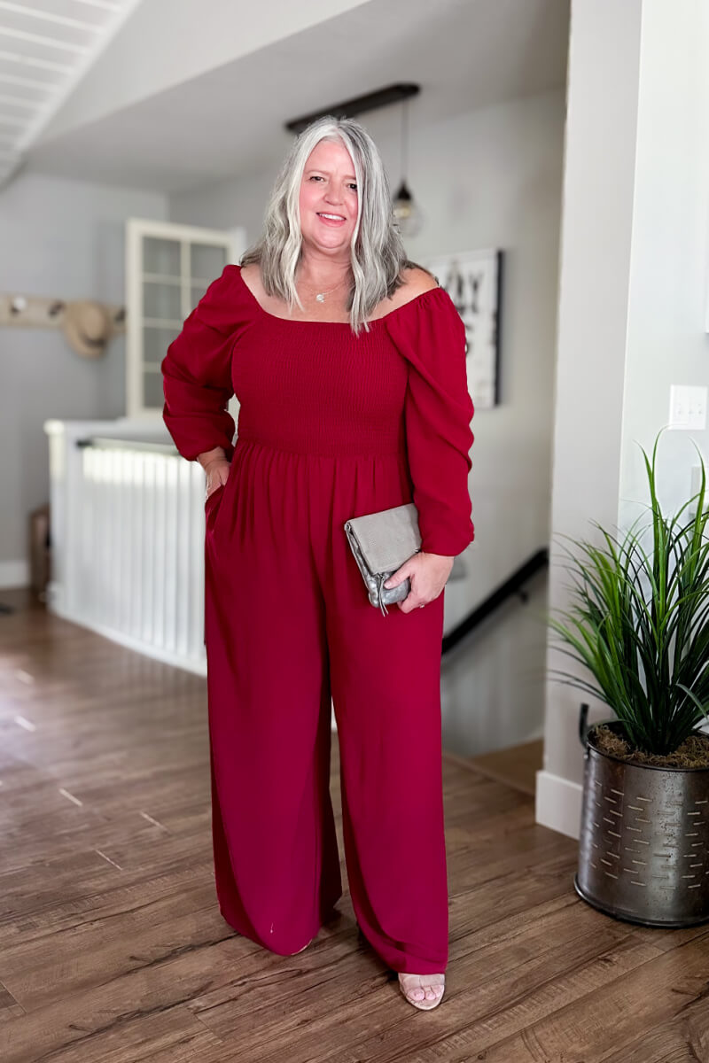 Style this affordable plus-size jumpsuit 5 ways. #plussizeover50 #plussize #plussizeoutfitideas #plussizejumpsuit #plussizeholidayoutfits #plussizeweddingguest #plussizemotherofthebride #plussizemotherofthegroom #over50weddingguest #over50outfitideas