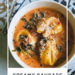 Close-up of creamy Italian sausage tortellini soup comfort food dinner