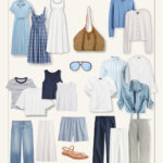 Summer capsule wardrobe for women over 50 with versatile mix-and-match pieces including white tops, chambray shirts, linen pants, light wash jeans, dresses neutral shoes, and woven handbags. Easy outfit inspiration for curvy women seeking timeless coastal style.
