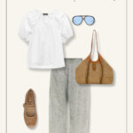 Size-inclusive capsule wardrobe idea for women over 50 includes light denim, an airy romantic blouse and brown accessories.