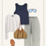 Size inclusive summer capsule wardrobe includes linen pants, cotton tank top and cardigan.