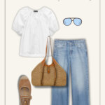 Size-inclusive summer capsule wardrobe idea for women over 50 including light wide-leg jeans, white romantic cotton blouse, espadrille mary-janes and raffia bag.