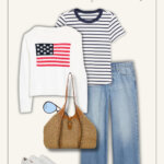 Summer outfit inspiration featuring light denim, nautical stripe short sleeve t-shirt, cream US flag sweater, comfy white sneakers, and raffia bag.
