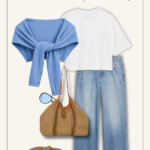 Size-Inclusive Outfit Inspiration featuring light denim, white tee, blue cardigan to drape over shoulders, neutral Mary-Jane espadrilles, and raffia accessories.