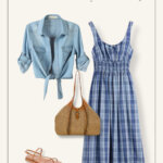 Summer capsule wardrobe outfit idea feature a plaid cotton dress, tie-waist chambray shirt, and raffia bag.