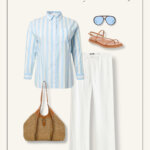 Summer capsule wardrobe outfit idea for women over 50 featuring and striped button up shirt, white linen pants, cognac sandals, and raffia bag
