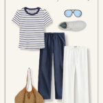 Easy capsule wardrobe outfit idea for women over 50 with nautical striped tee, white or navy linen pants, sneakers and raffia bag.