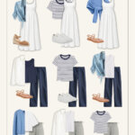 Size-inclusive summer capsule wardrobe featuring dresses, denim, white tops, navy pants, linen bottoms, woven accessories, sneakers, sandals, and lightweight layers in a coastal blue and neutral color palette. No shorts