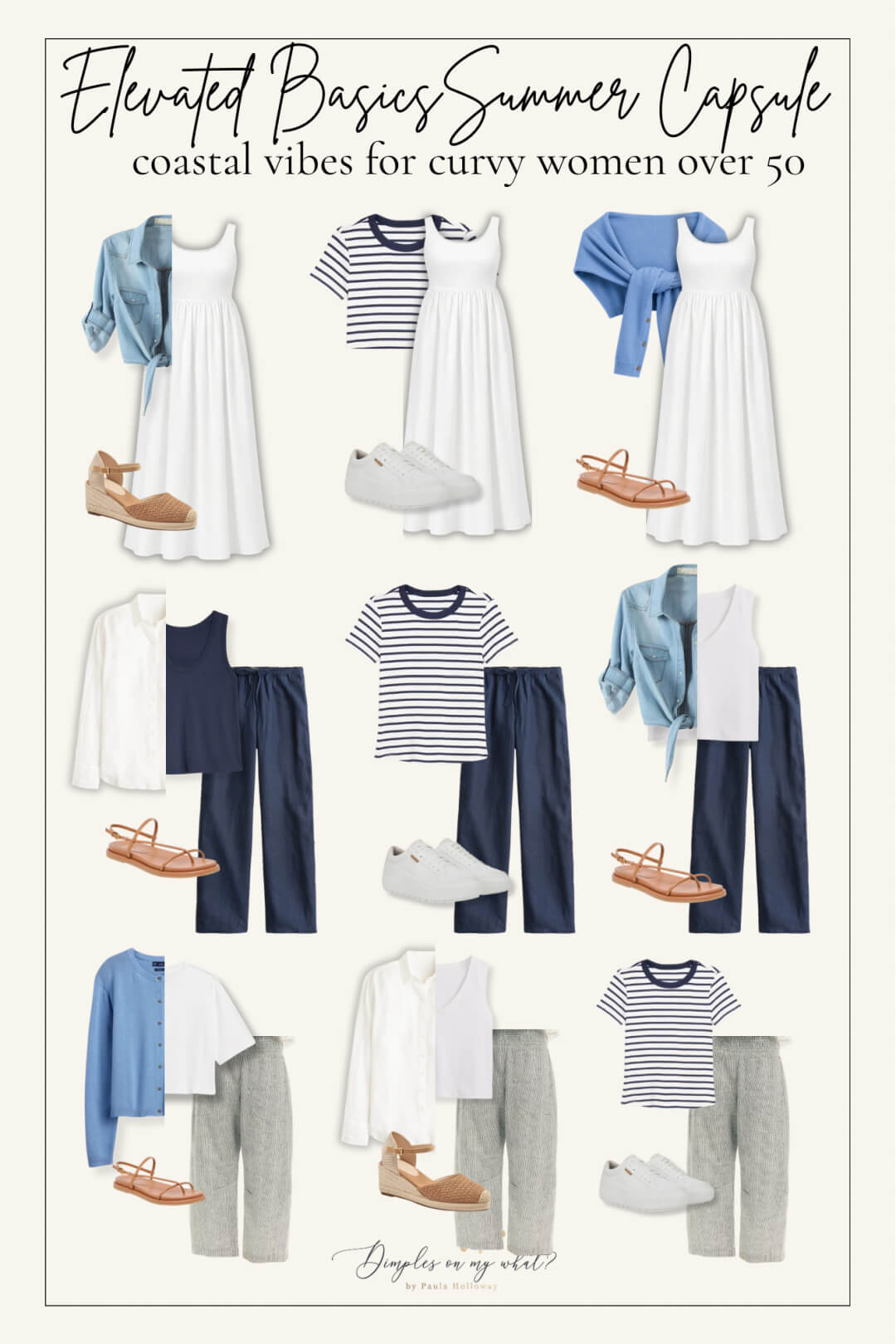 Size-inclusive summer capsule wardrobe featuring dresses, denim, white tops, navy pants, linen bottoms, woven accessories, sneakers, sandals, and lightweight layers in a coastal blue and neutral color palette. No shorts