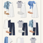 Size-inclusive summer capsule travel wardrobe featuring dresses, white tops, navy pants, linen bottoms, woven accessories, sneakers, sandals, and lightweight layers in a coastal blue and neutral color palette.