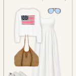 Summer Capsule Wardrobe outfit idea includes a white tank dress, cotton USA flag sweater, and cognac accessories.