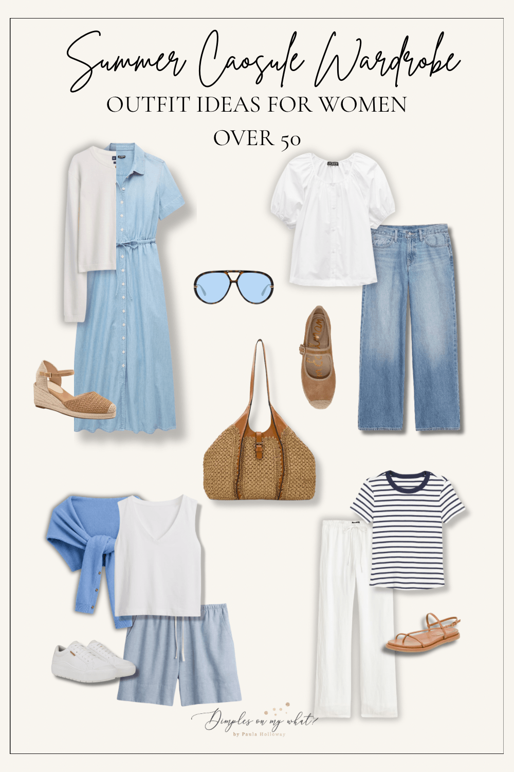 An easy Summer Capsule Wardrobe featuring light denim, breezy white tops, chambray, neutral layers, and brown accessories.