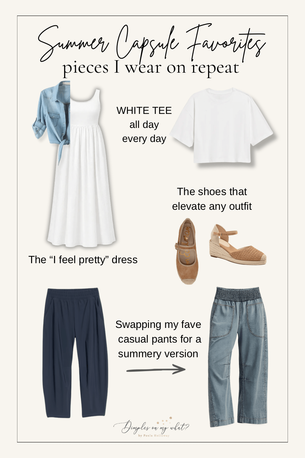 Light denim, chambray, white tees, breezy whites, and brown accessories top my favorite summer capsule wardrobe pieces.